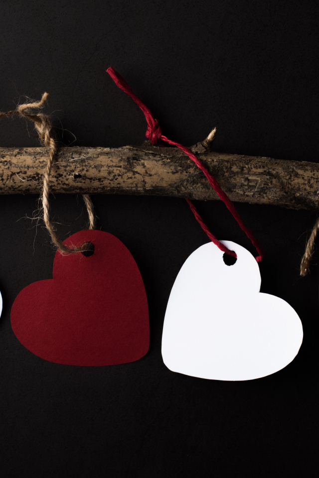 Бумажные сердечки на ветке на черном фоне