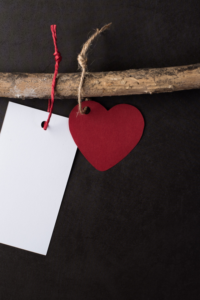 Красное сердечко и белый лист бумаги на ветке 