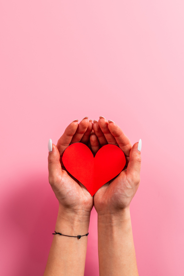 Red paper heart in hands on a pink background