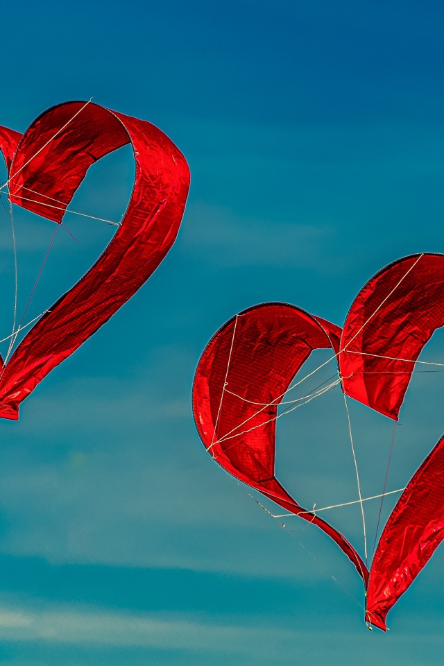 Два воздушных змея в форме сердца в небе