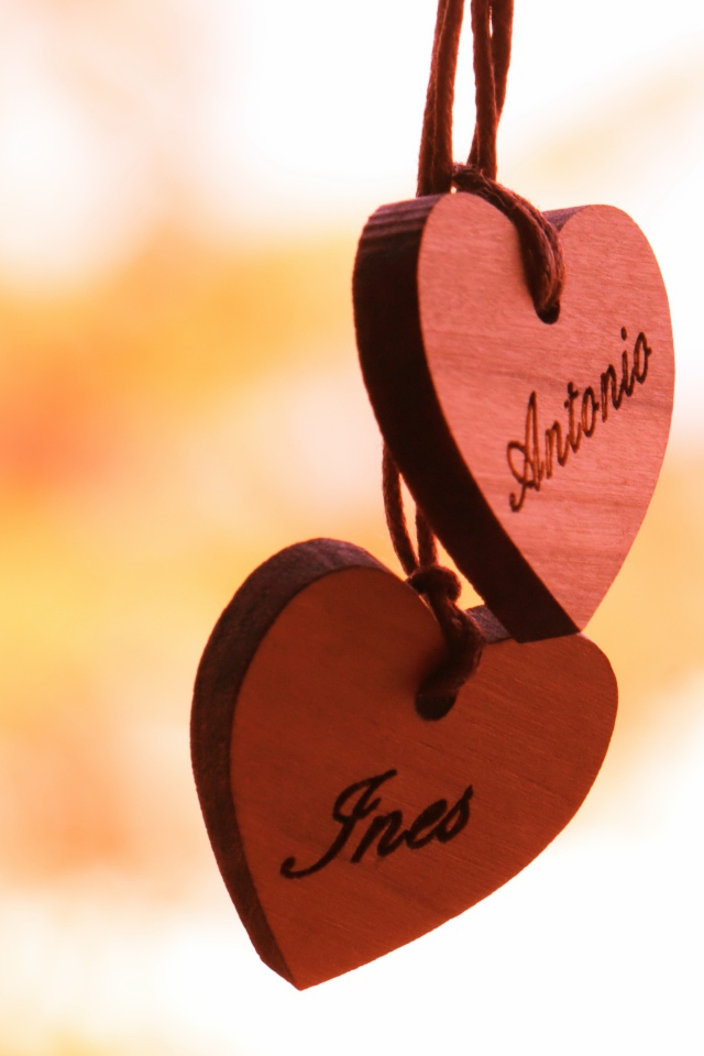 Два деревянных сердца на веревке  