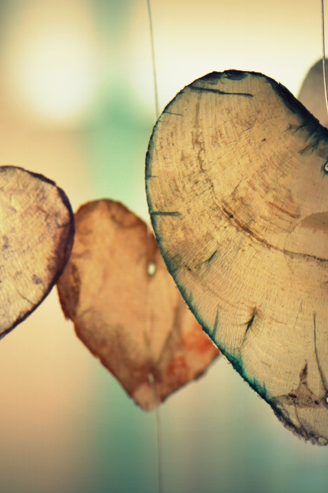 Деревянные сердечки на леске в воздухе