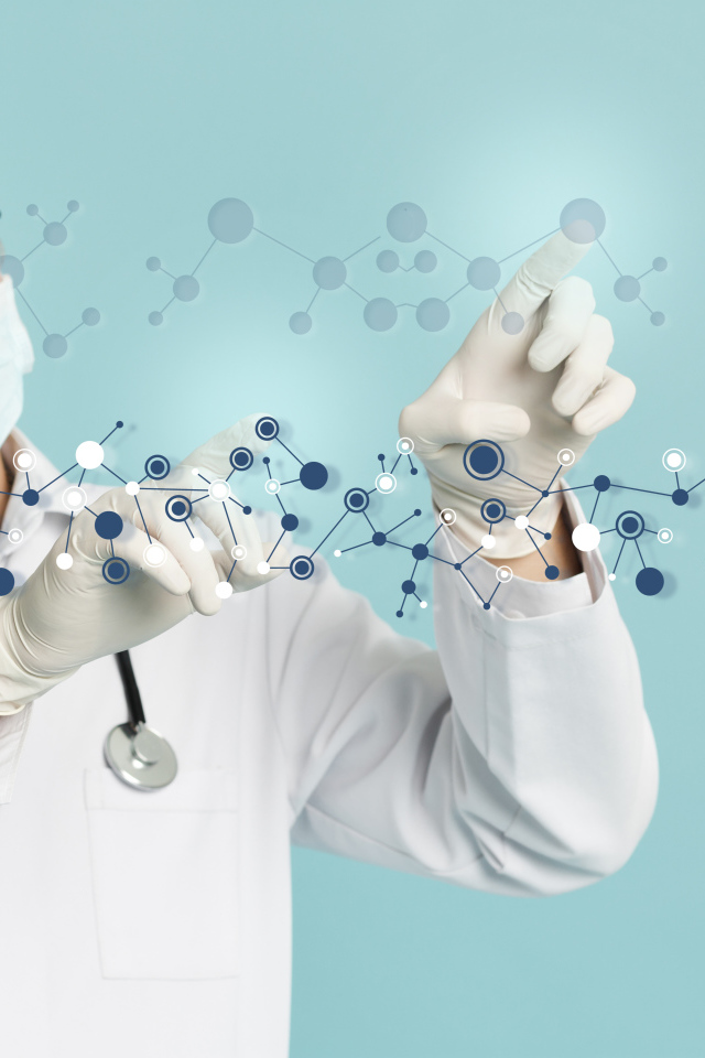 Мужчина доктор изучает молекулы на голубом фоне