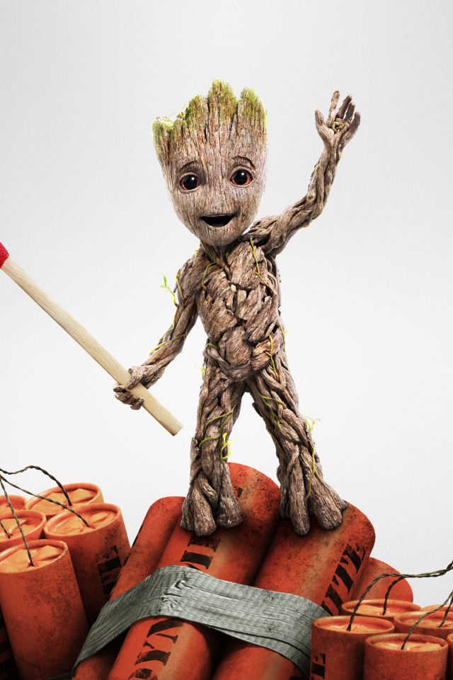 Little Groot with a match and dynamite