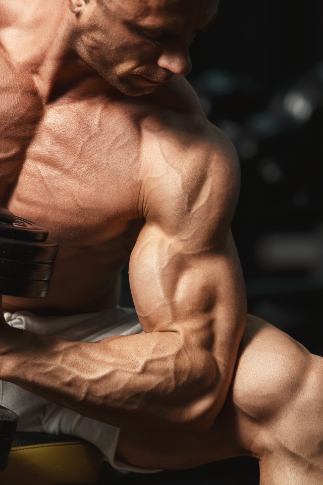 Сильный мужчина качает мускулы гантелей 