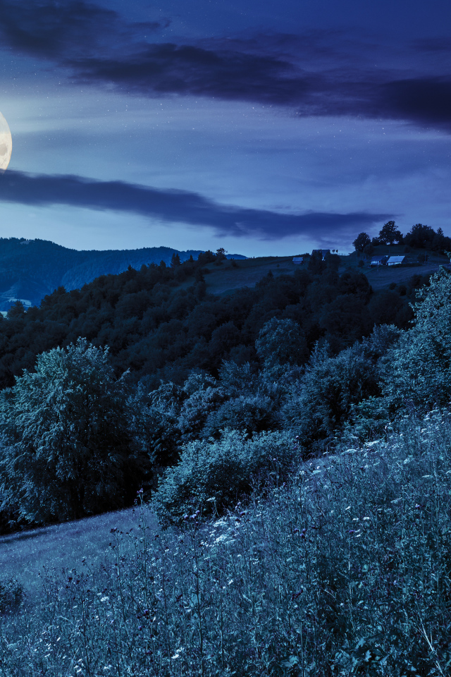 Большая луна в ночном небе над  холмами