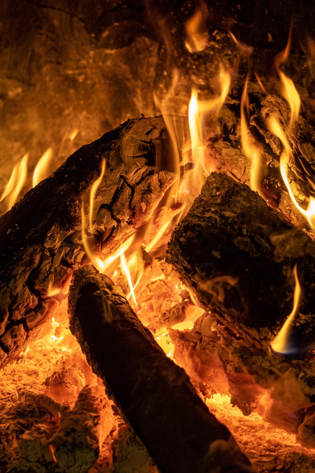 Горящие поленья в камине крупным планом