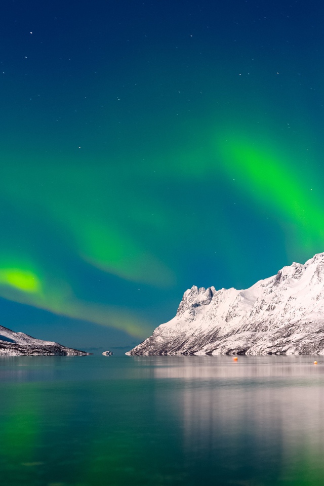 Зеленое северное сияние в небе над спокойным озером у заснеженных гор