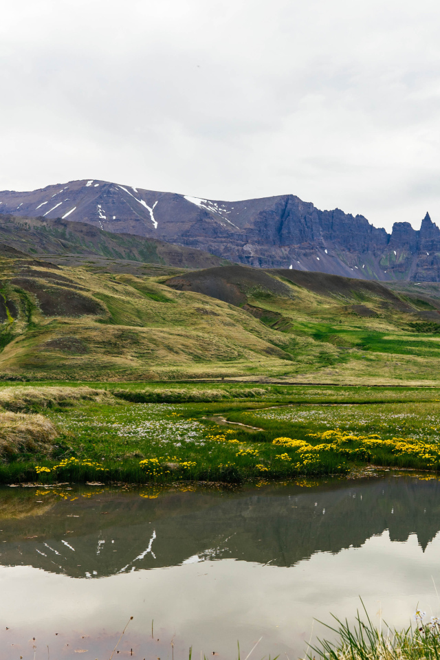 Озеро у холмов с зеленой травой в горах