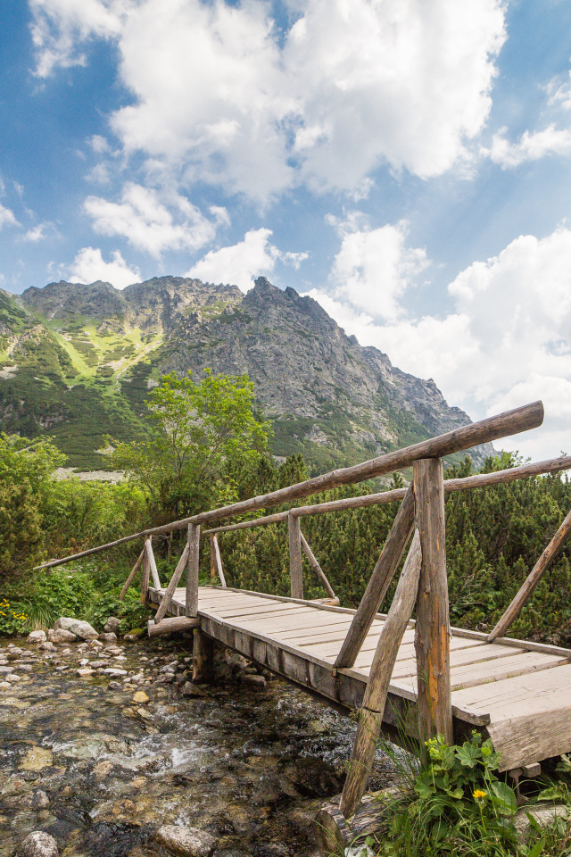 Старый деревянный мост через речку на фоне гор