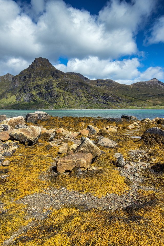 Камни на берегу реки под белыми облаками в голубом небе 