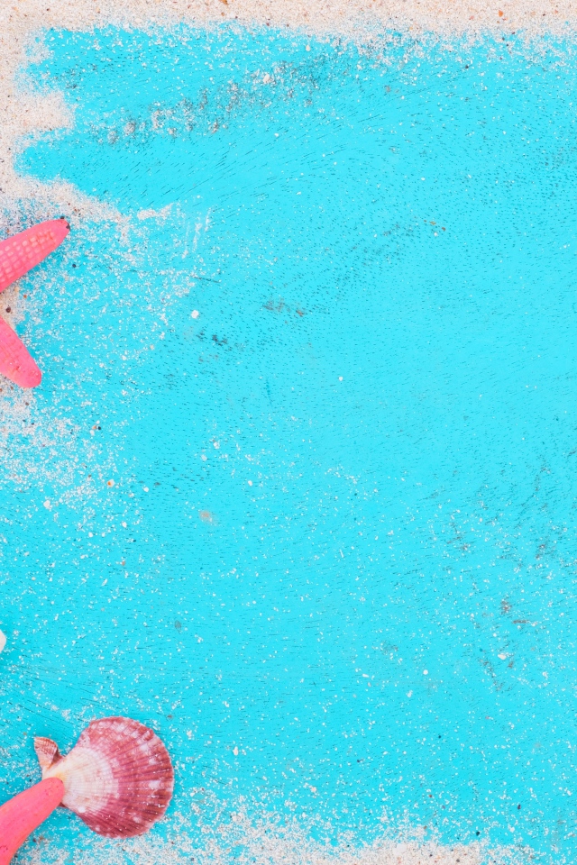 Ракушки и морские звезды с песком на голубом фоне