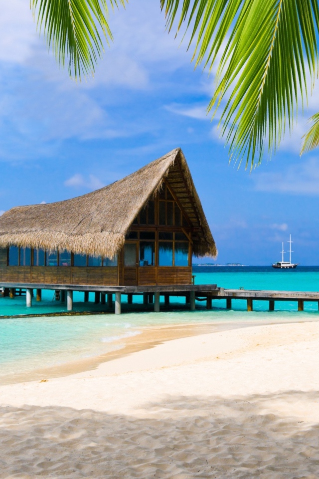 Дом на сваях на берегу тропического пляжа с белым песком
