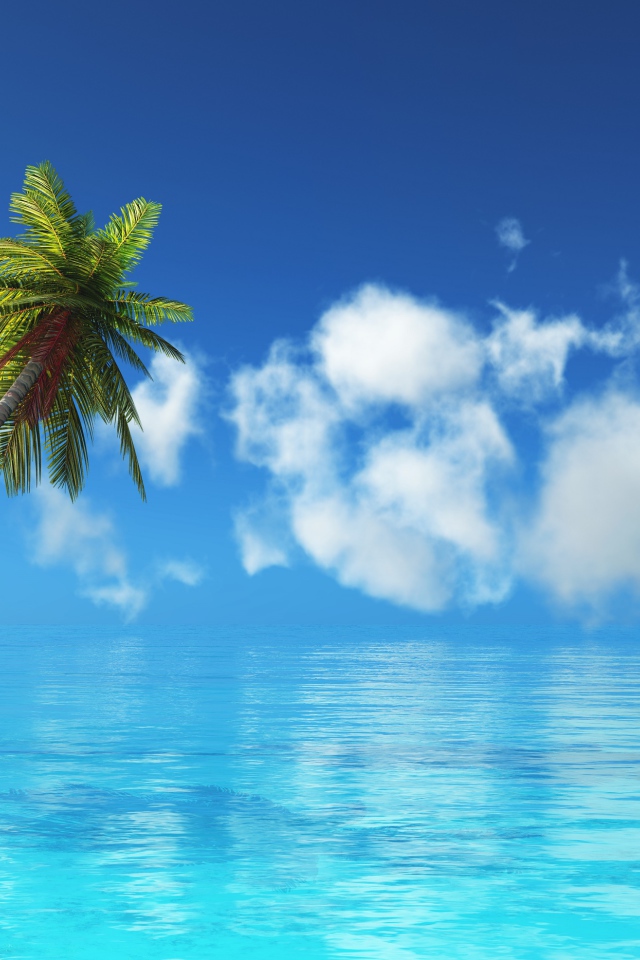 Две пальмы в голубом океане на фоне неба 