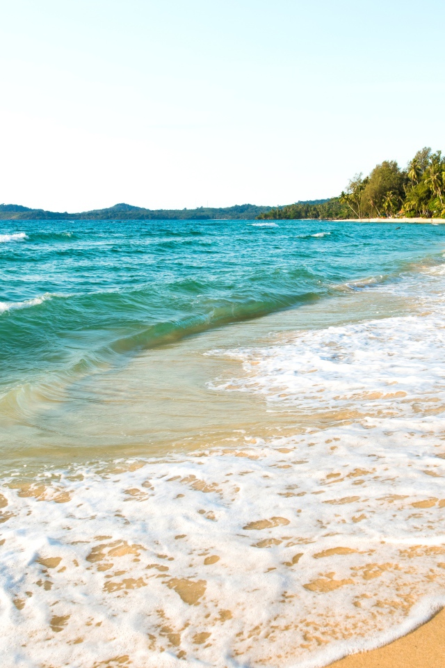 Белая пена на желтом песке тропического пляжа 