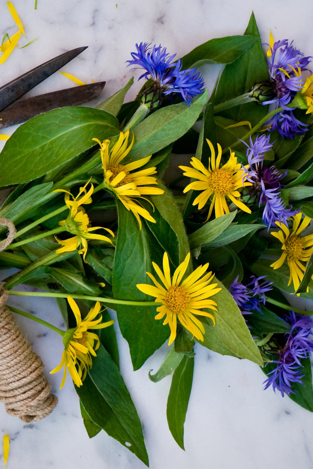 Букет васильков с желтыми цветами на столе с веревкой и ножницами