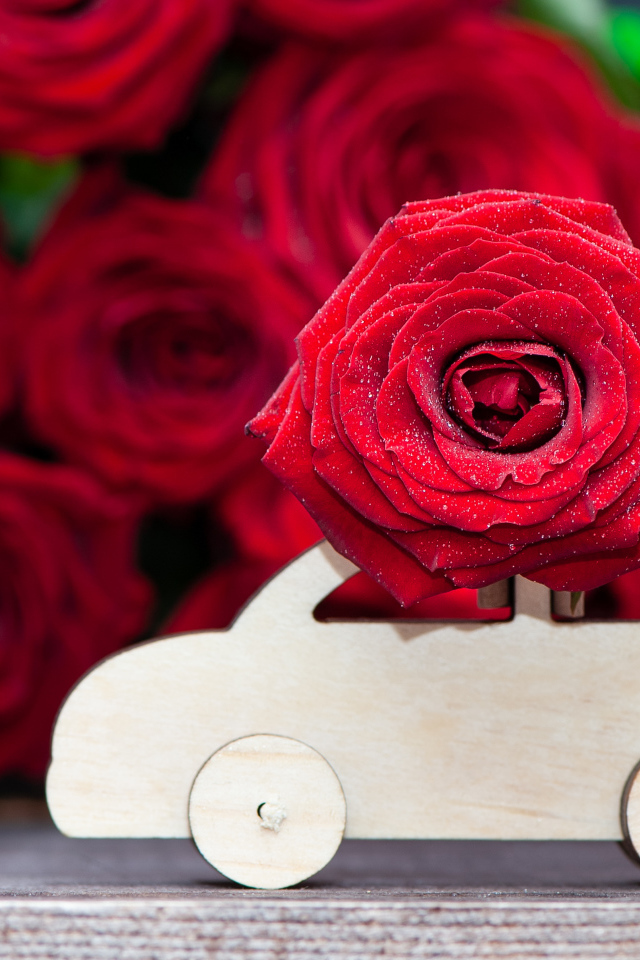 Красивая красная роза с деревянной машинкой 