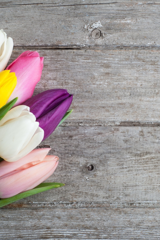 Букет разноцветных тюльпанов на деревянном столе