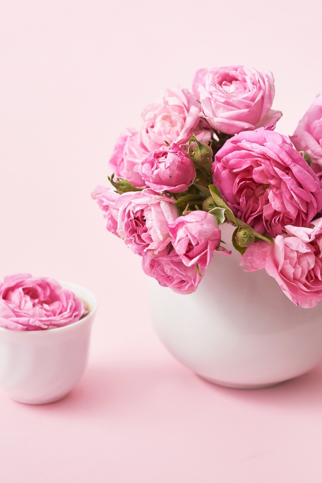 Букет розовых роз в белом кувшине на столе