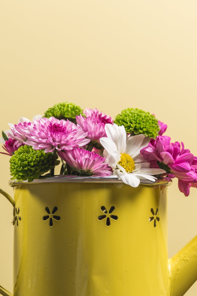 Букет хризантем в желтой лейке 