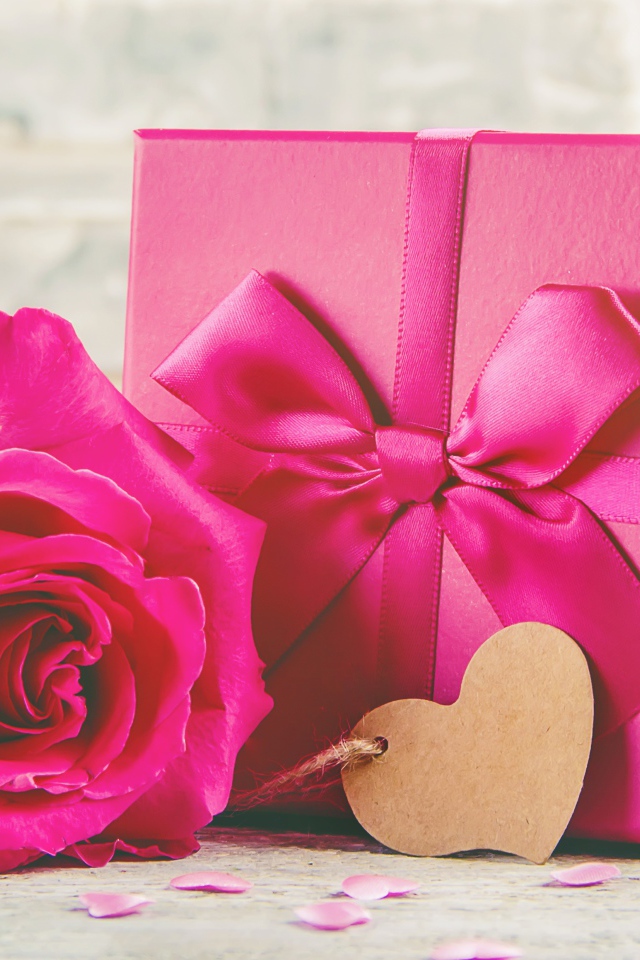 Розовая роза на столе с большим подарком с бантом