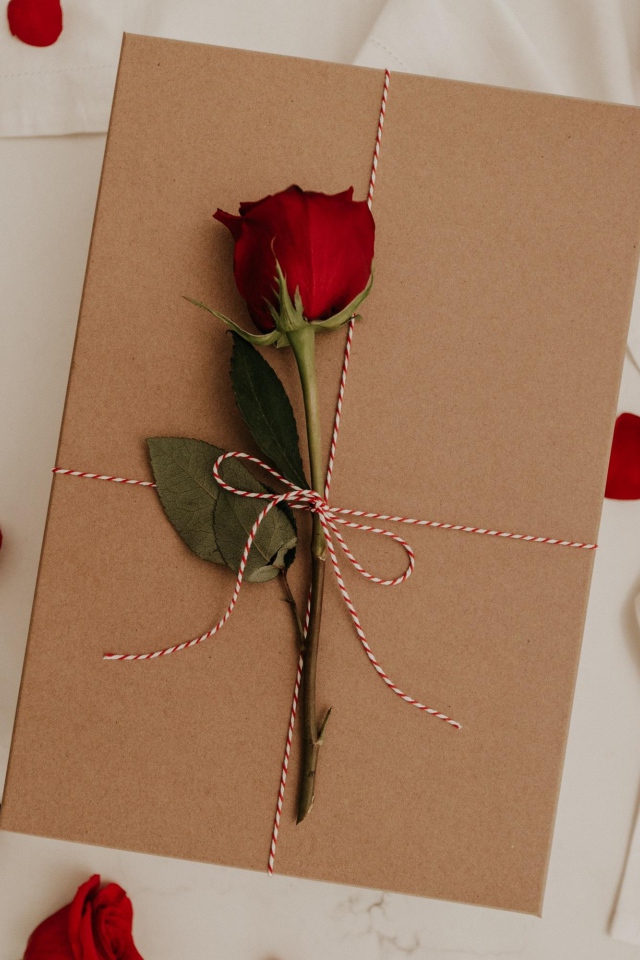 Красная роза с подарком на кровати для любимой 