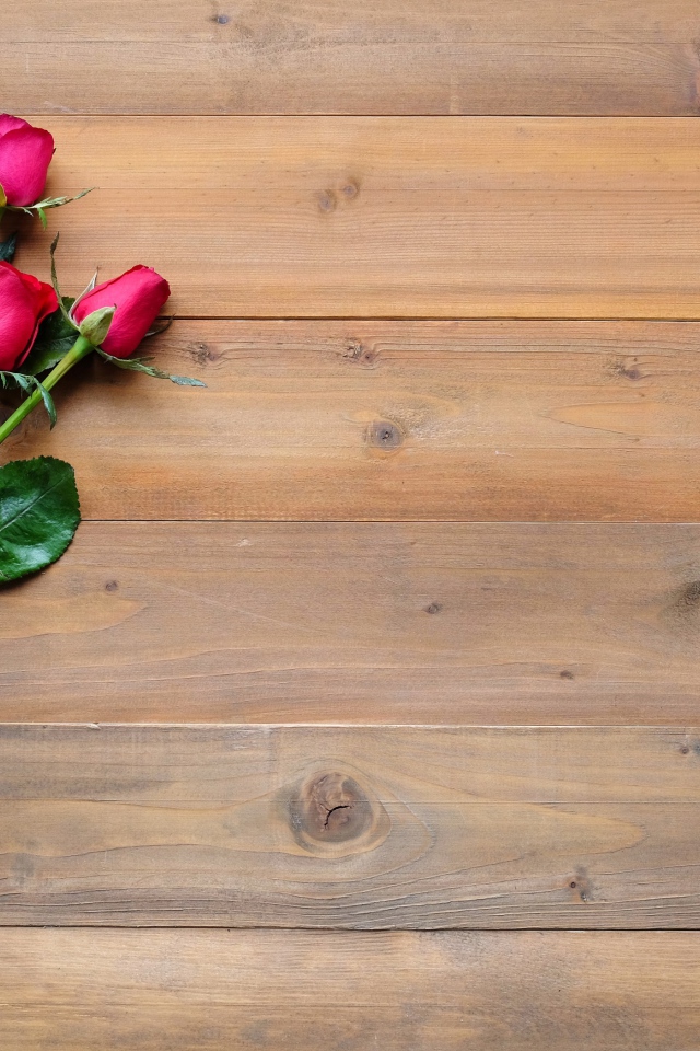 Три красные розы лежат на деревянном столе 
