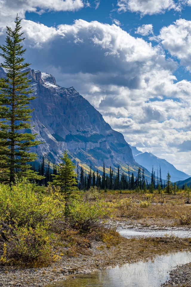 Красивый горный пейзаж под густыми белыми облаками в голубом небе