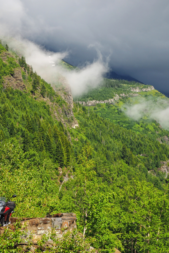 Красивый вид на покрытые зеленью горы в белых облаках 