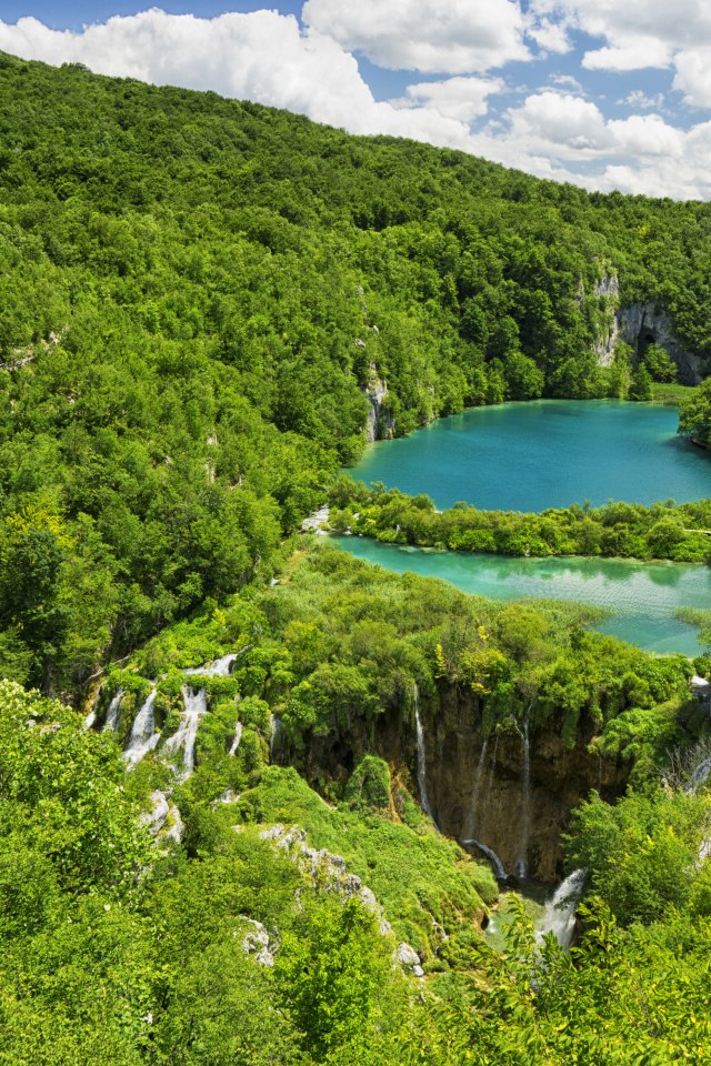 Голубая вода в озере у покрытых деревьями гор 