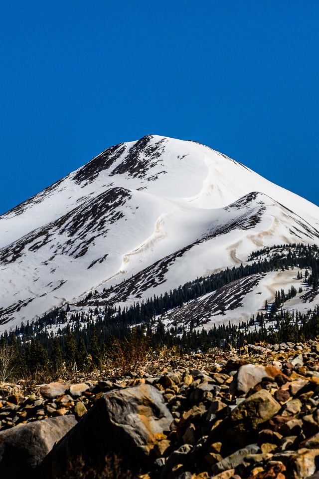 Высокая заснеженная гора под голубым небом