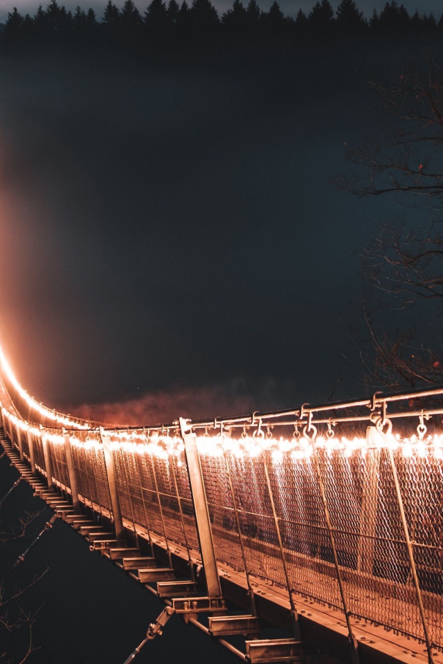Мост с фонарями через реку в тумане ночью 
