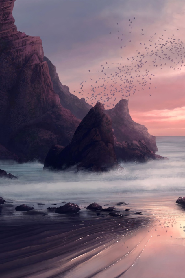 Стая птиц пролетает над скалами у моря 