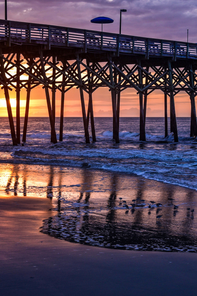 Кафе на мосту у моря на закате 