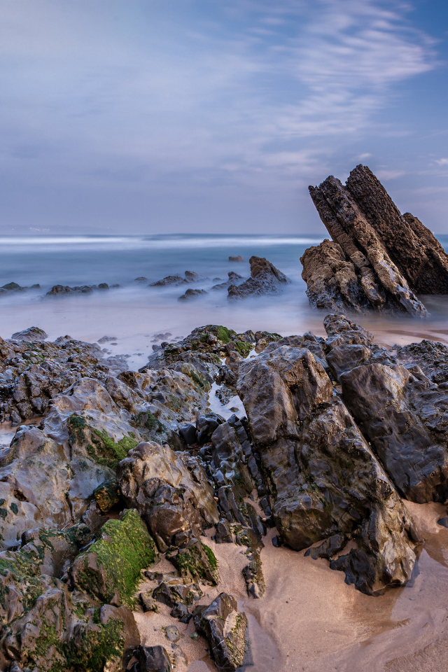 Туман над холодным утренним морем с камнями на берегу 
