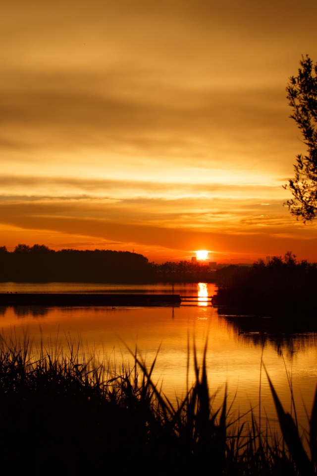 Закат яркого осеннего солнца над рекой 