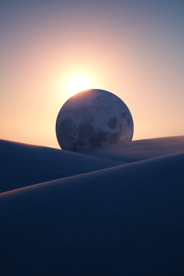 Закат солнца освещает огромную луну в пустыне 