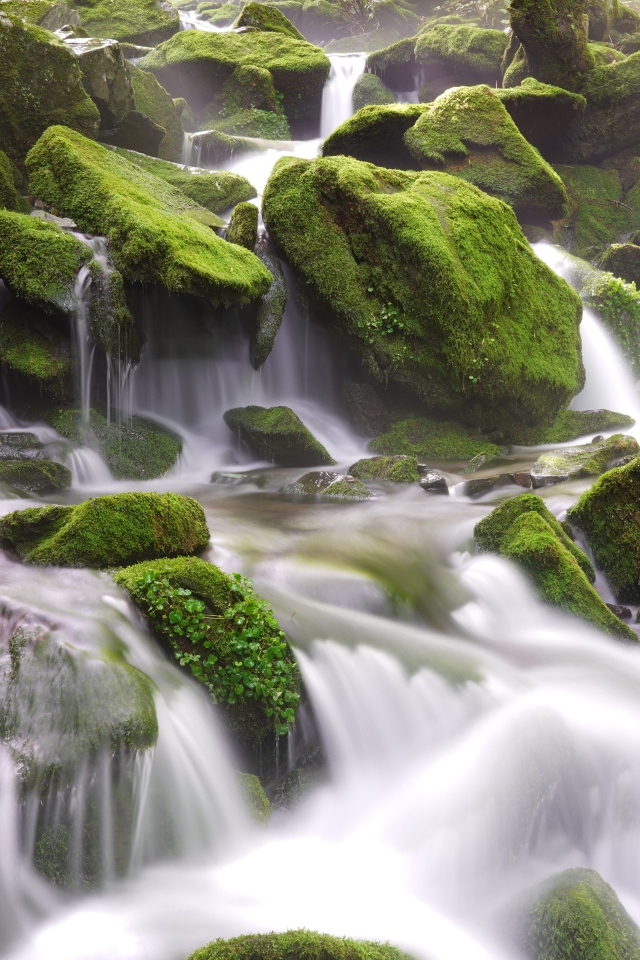 Быстрая вода водопада стекает по большим покрытым мхом камням