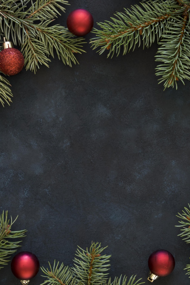 Елочные ветки с красными шариками, фон для новогодней открытки 