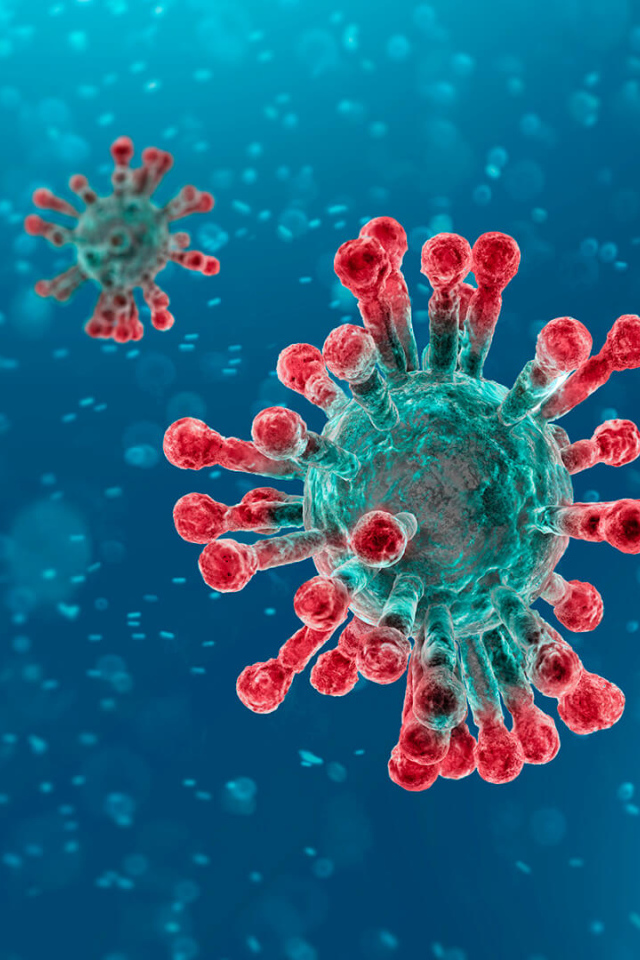Страшные бактерии коронавируса COVID-19 на голубом фоне