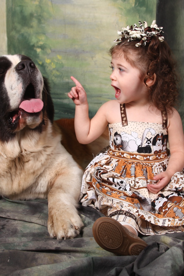 Маленькая красивая девочка с собакой породы сенбернар