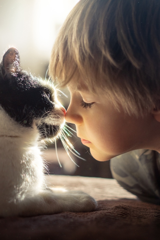 Маленький мальчик лежит с котом 