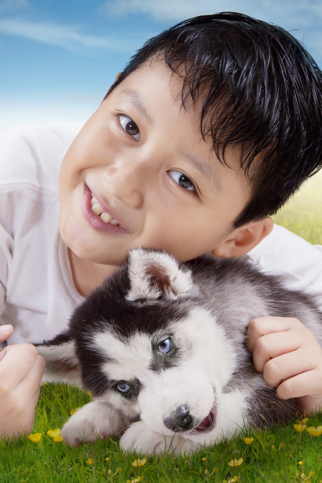 Маленький мальчик с щенком хаски на зеленой траве