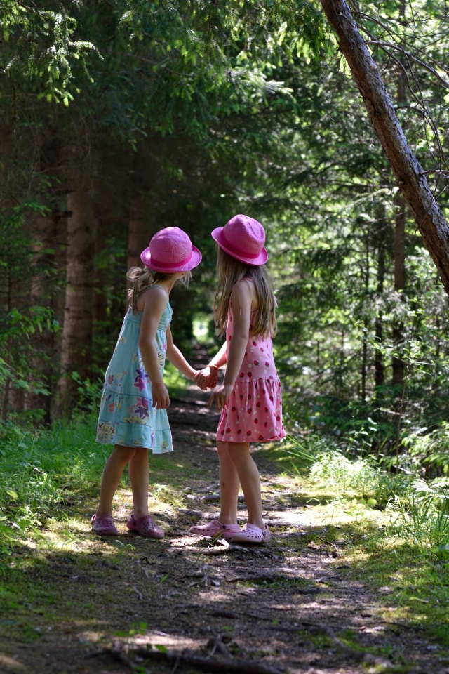 Две маленькие девочки гуляют в лесу