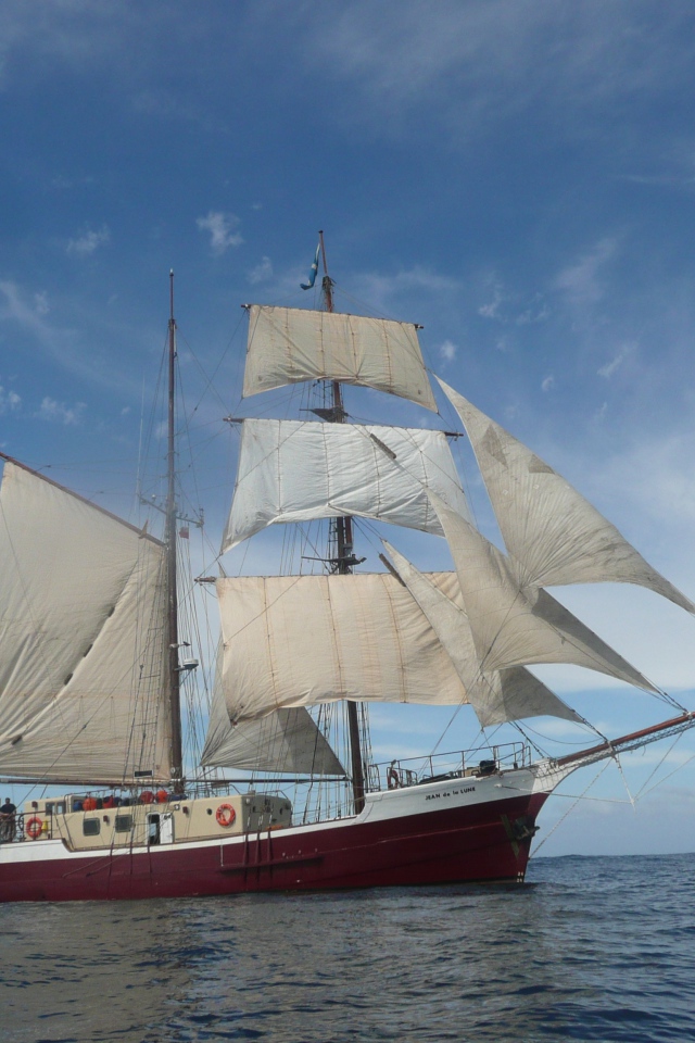 Больше судно с белыми парусами в море 