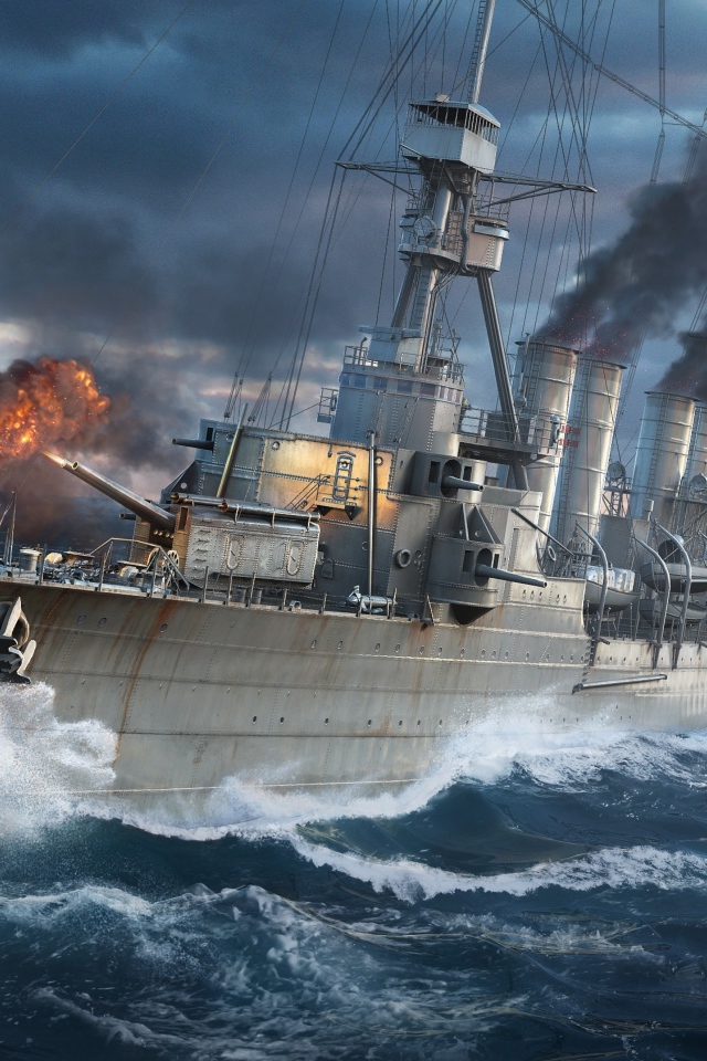 Военный линкор в море во время шторма 