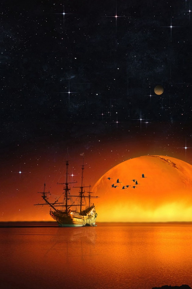 Old ship at sea with a big orange moon at night