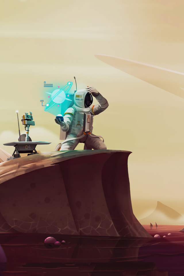 Астронавт с роботом на неизвестной планете в космосе 