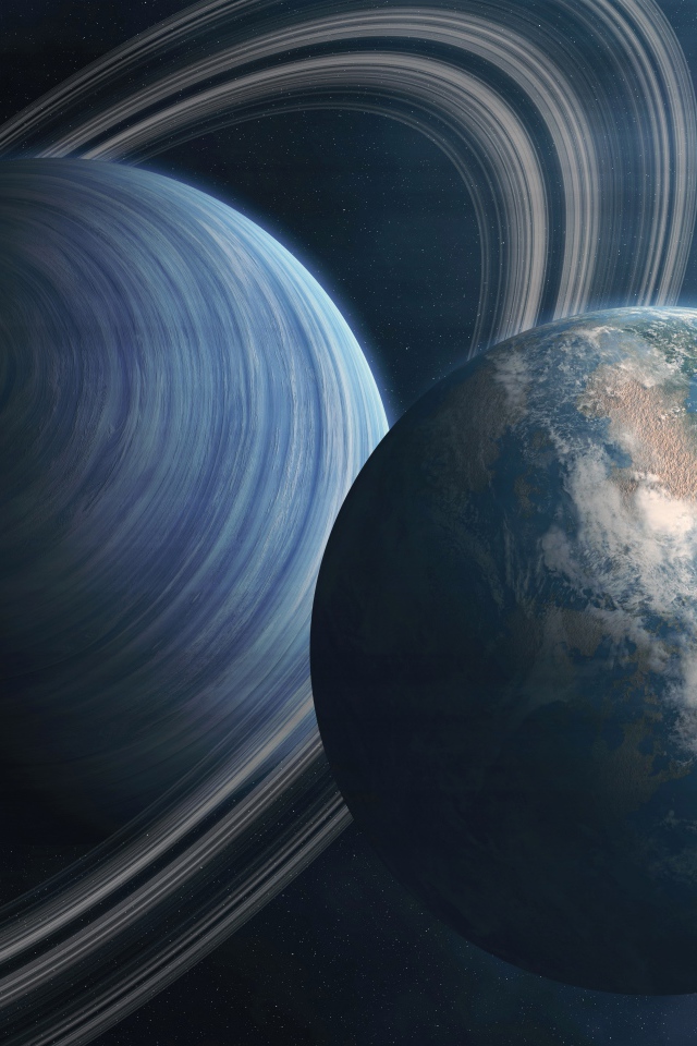 Большая планета Сатурн и планета Земля в космосе 