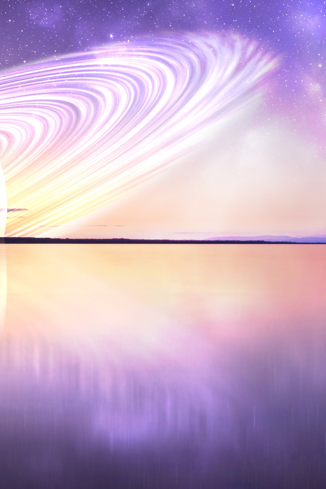 Большая планета Сатурн в небе над озером